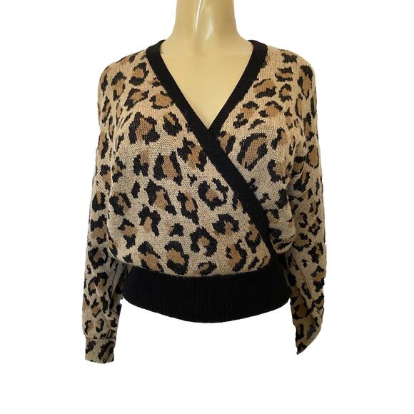 VTG St John Knit Sweater Animal Print Brown Black Surplice V Neck Long S… - Picture 1 of 7